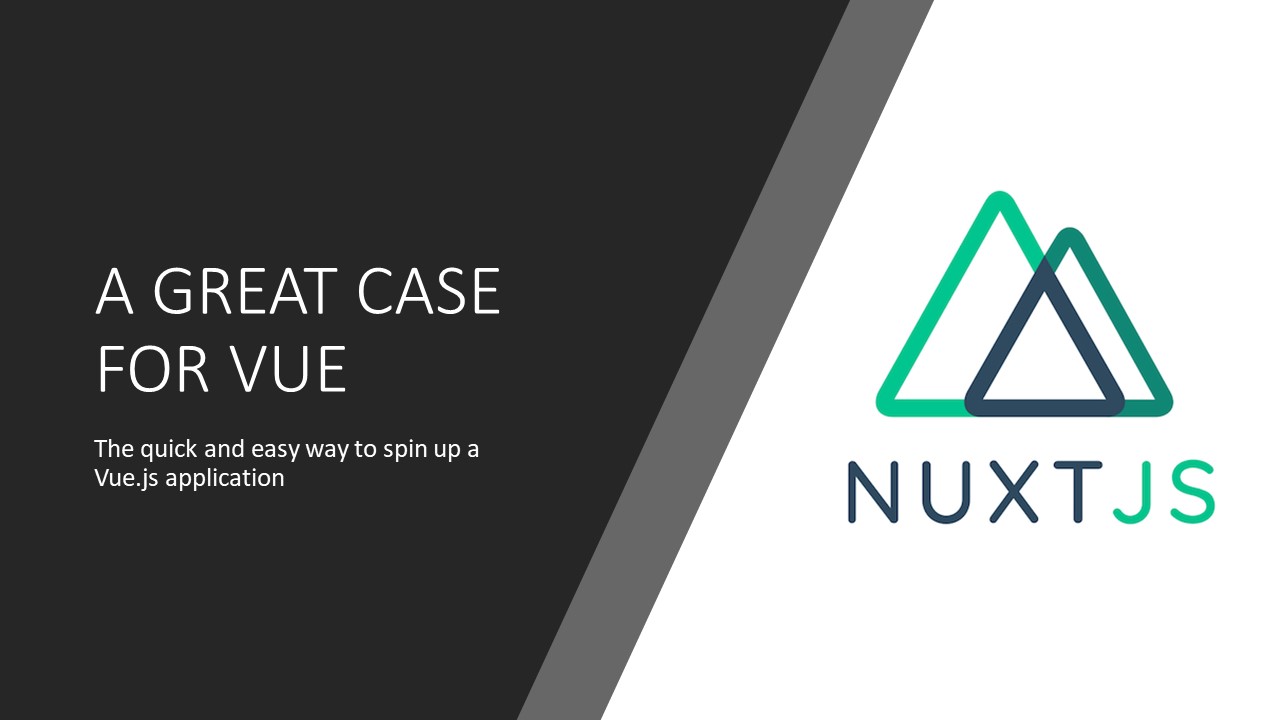 The Nuxt logo with the text, Nuxt a great case for vue. The quick and easy way to spin up a Vue.js application