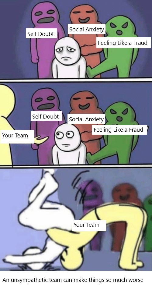 Meme cartoon where three characters labeled as self doubt, social anxiety and feeling like a fraud bully a nameless fourth character. A fifth character labeled as Your Team offers a helping hand only to suplex the bullied character. Text at the bottom reads An Unsympathetic Team Can Make Things So Much Worse