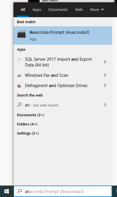 A screenshot of the anaconda prompt shortcut from the windows start menu.