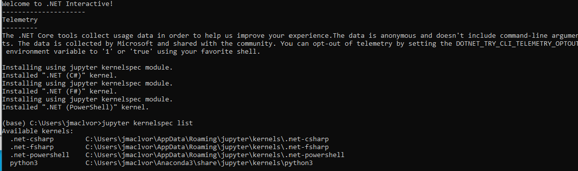 A screenshot of the the .net kernels being installed