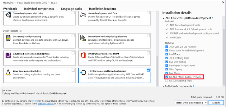 A screenshot of the visual studio installer install screen where ML.NET is selected alongside .NET Core cross-platform development.